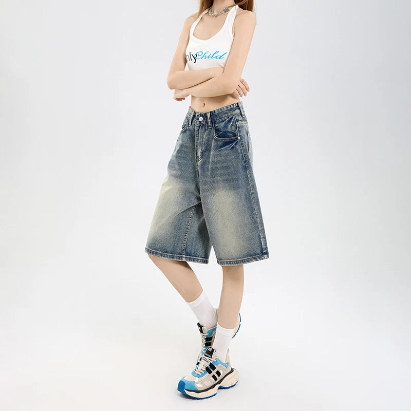 2025 Korean Street Casual Y2K Loose Wide-leg Denim Shorts Five-point Baggy Jeans Women's All-match Straight Summer Hot Shorts-belleandkai.com