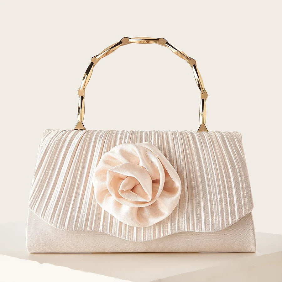 New apricot pleated satin handbag with flower and gold handle luxury handbags for banquets and party chains evening clutch purse-belleandkai.com