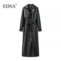 EDSA Women Luxury Faux Leather Jacket Coat with Belt for Autumn Winter Loose Long Windbreaker Trench Vintage Outerwear-belleandkai.com