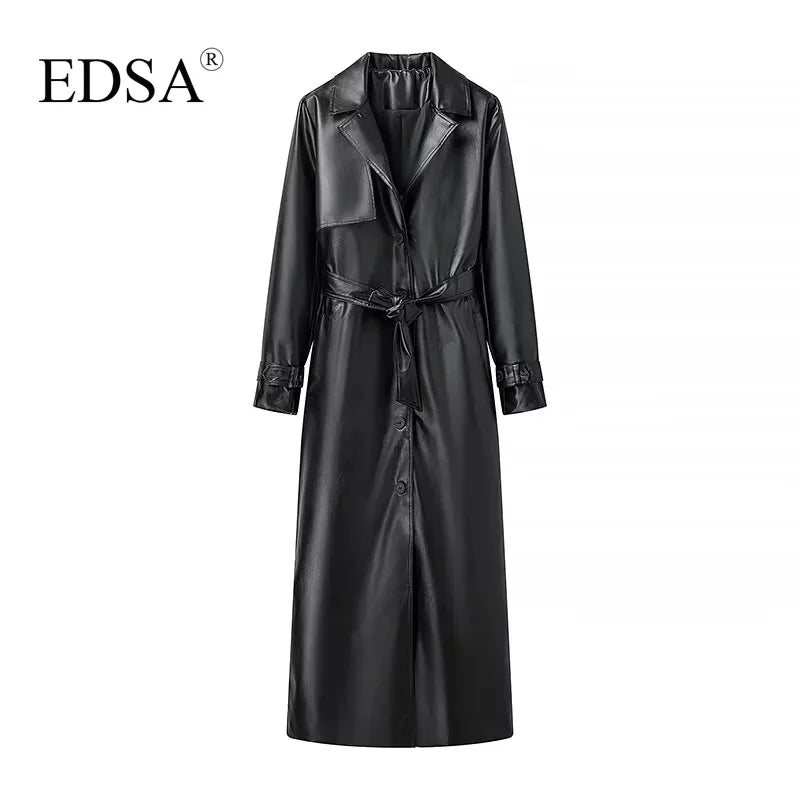 EDSA Women Luxury Faux Leather Jacket Coat with Belt for Autumn Winter Loose Long Windbreaker Trench Vintage Outerwear-belleandkai.com