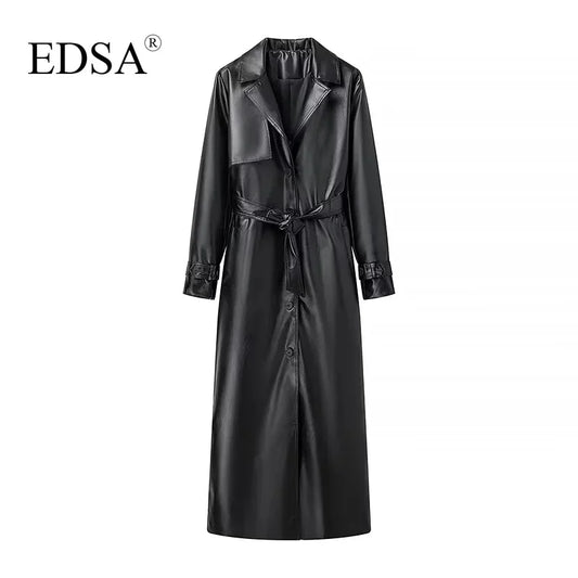 EDSA Women Luxury Faux Leather Jacket Coat with Belt for Autumn Winter Loose Long Windbreaker Trench Vintage Outerwear-belleandkai.com