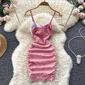 Foamlina Sexy Night Club Dress Women Summer Elegant Color Match Mini Bodycon Dress Strap Sleeveless Cut Out Ruched Party Dress-belleandkai.com