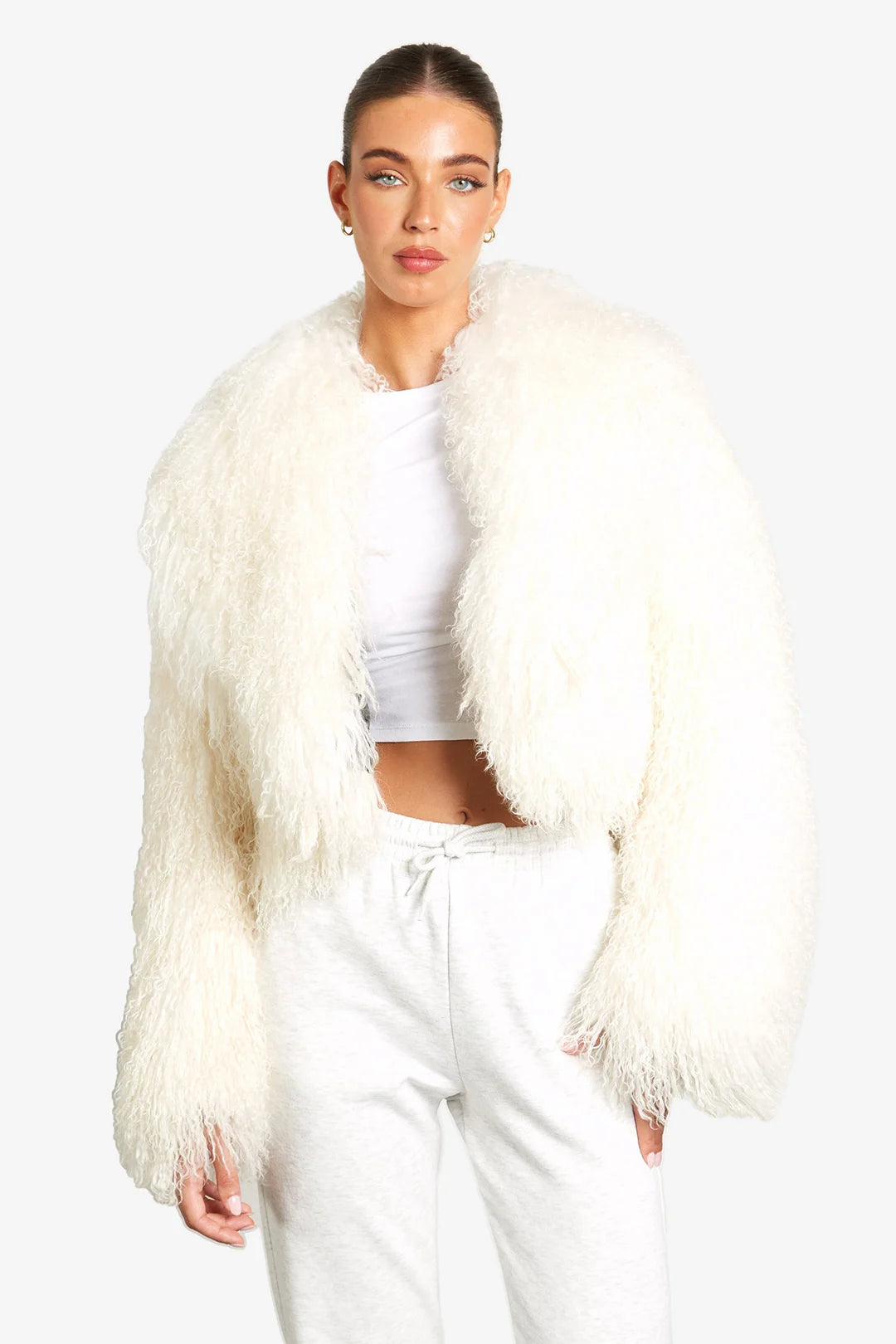 Women's Light gray Mongolian Fur Jacket – Real Sheepskin, Fluffy Short Coat, Winter Fashion Outerwear for Elegant Look-belleandkai.com