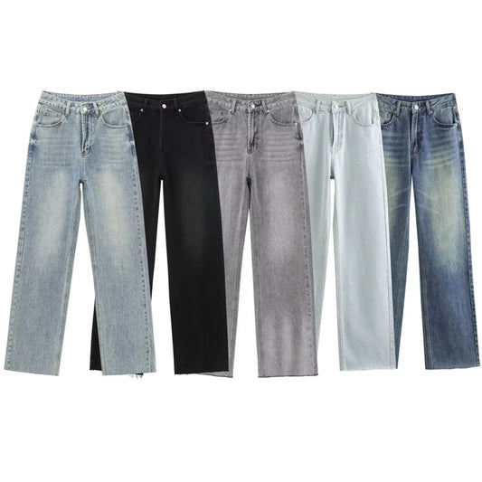 TRAF Wide-leg high-waisted jeans  women's classic everything with five pockets washed soft comfortable ultra-long jeans6045022-belleandkai.com