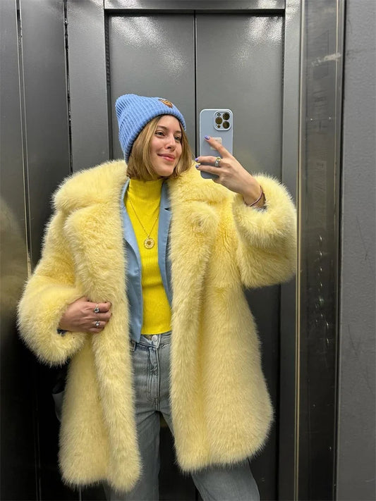 Luxury Faux Fur Women's Coat Turn down Collar Long Sleeve Button Pocket Soft Overcoat Thick Warm Winter Outerwear for Ladies-belleandkai.com