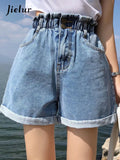 Jielur Summer Black Women Denim Shorts Women S-5XL Harem Ruffled White Blue High Waisted Shorts Female Elastic Short Jeans-belleandkai.com