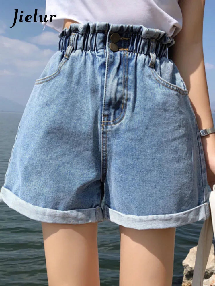 Jielur Summer Black Women Denim Shorts Women S-5XL Harem Ruffled White Blue High Waisted Shorts Female Elastic Short Jeans-belleandkai.com