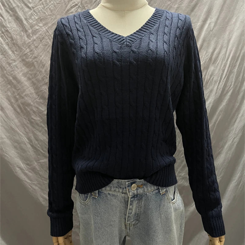 Brandy Mandy Women's V-Neck Long Sleeve Knit Sweater Casual Autumn Top Navy Crop Pullover for Girls-belleandkai.com