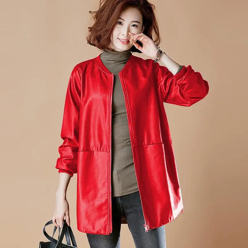 Fashion Plus Size Leather Jacket Women Zipper Windbreaker High-end Spring Autumn Coats Baseball Jersey Long Sleeve Trench Coat-belleandkai.com