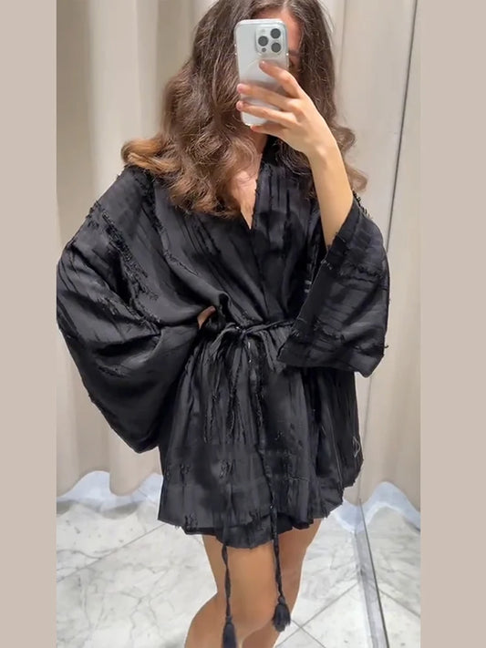 2025 Antumn Women's Outfits Solid Elastic Wide Shorts And Lace Up Tassels V-neck Full Sleeves Shirt Female High Street New Suits-belleandkai.com