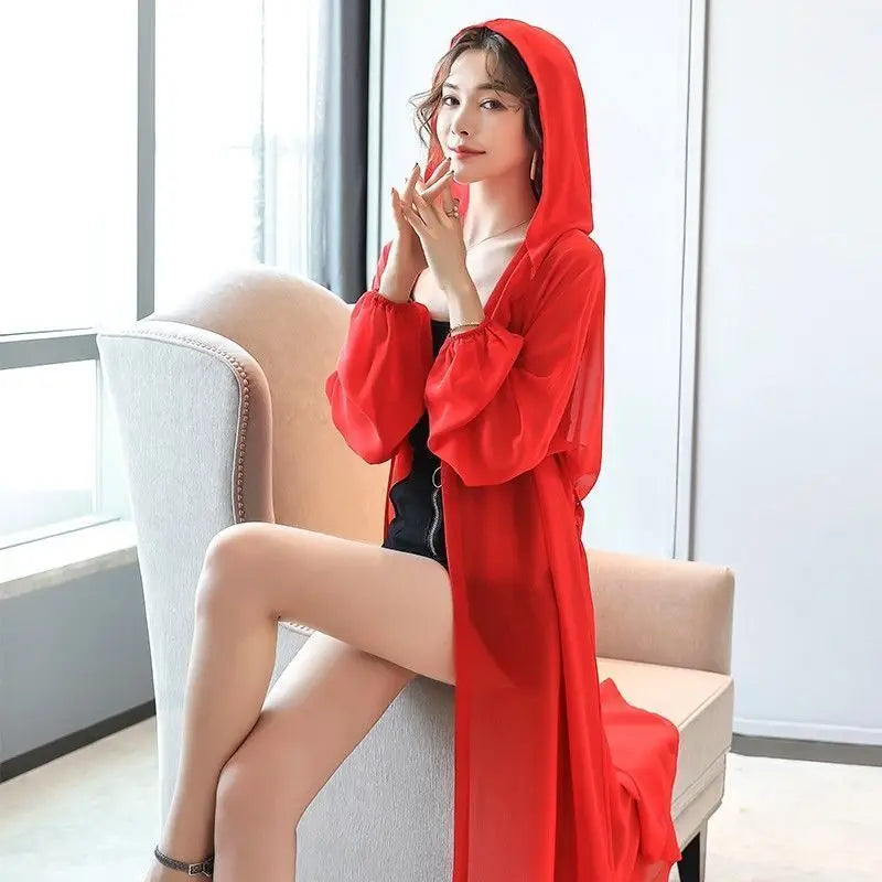 Over-knee Sun Protection Clothes for Women Mid-length Chiffon Shirt New Summer Breathable Thin Style Loose Protection Clothes-belleandkai.com