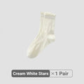 Women White Cream Lace Stackable Mid Calf Socks Bow Heart Star Design K-Style Spring Summer Thin Socks-belleandkai.com