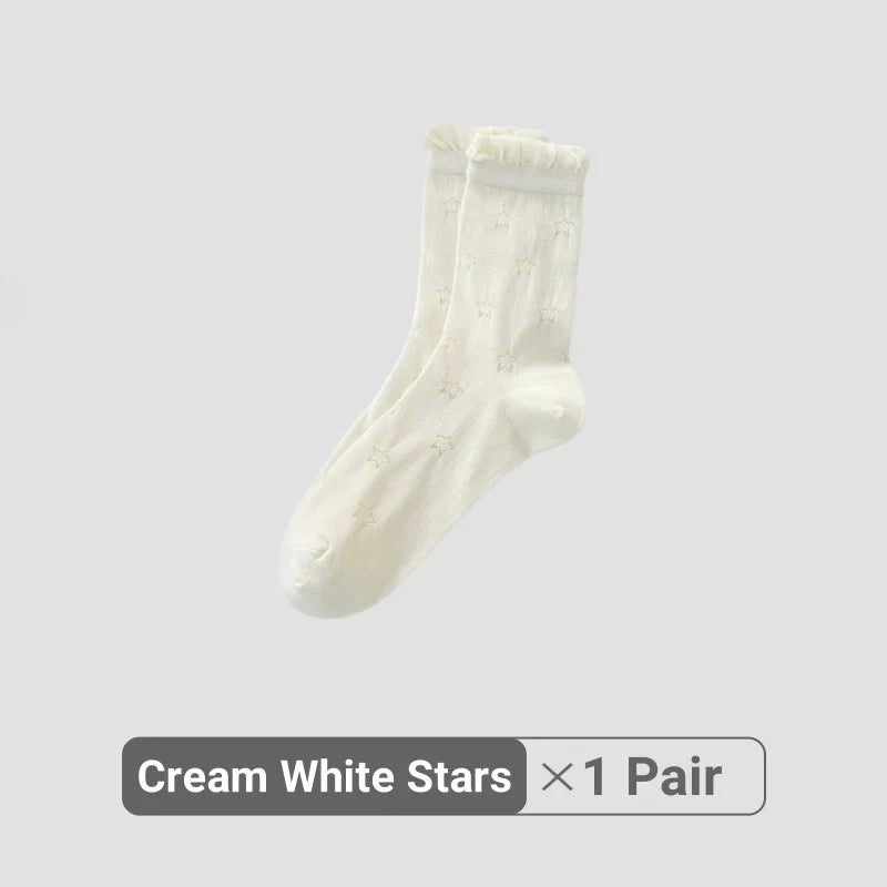 Women White Cream Lace Stackable Mid Calf Socks Bow Heart Star Design K-Style Spring Summer Thin Socks-belleandkai.com