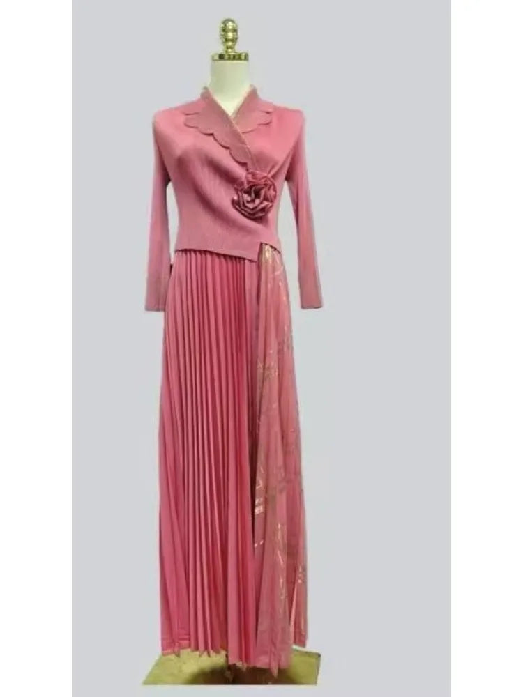 2025 Miyake Pleats Wholesale New Dresses Printed Suit Collar Fake Two Temperament Loose Women's Dress-belleandkai.com