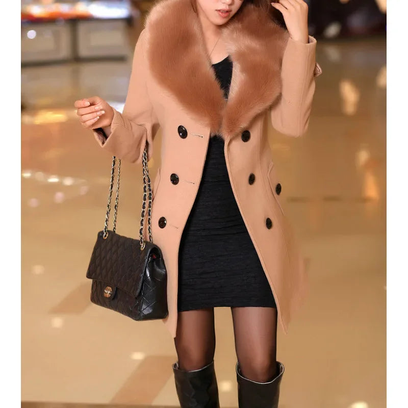 New Autumn Winter Women's Woolen Coat Mid-Length Korean Style Faux Fur Collar Sweater Material Outerwear Fashionable Ladies' Jac-belleandkai.com