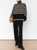 Women's Striped Turtleneck Sweater2023New Autumn and Winter Loose Design Niche Knitwear Pullover Coat-belleandkai.com