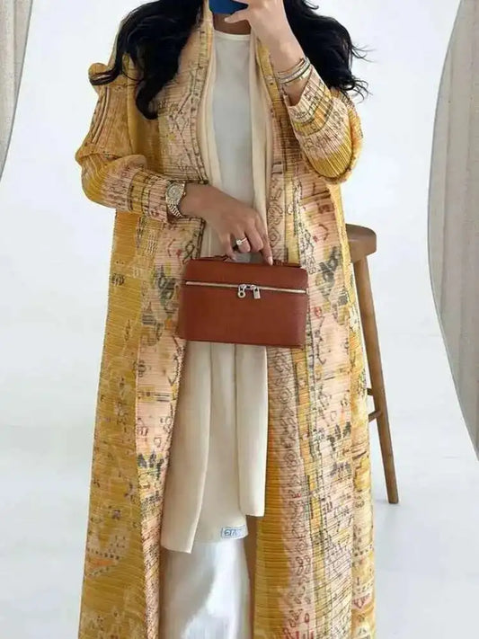 LANMREM Women's Elegant Pleated Printed Trench Coat Lapel Long Sleeve Loose Temperament Cardigan Robe Fashion 2025 New 2DE759-belleandkai.com