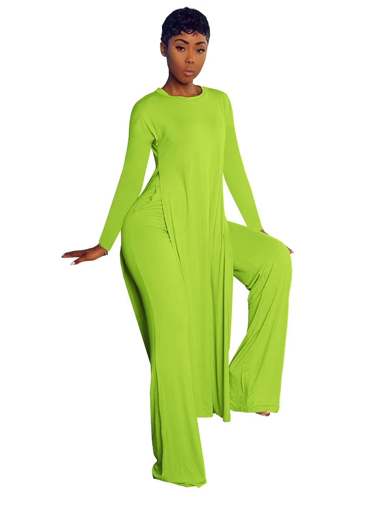 CM.YAYA Solid Classic Women's Set Long Sleeve High Slit X-long Tee Top Straight Pant Suit Tracksuit Fitness Two 2 Piece Outfits-belleandkai.com