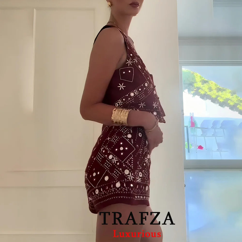 TRAFZA Casual Chic Red Embroidery Women Suits V Neck Sleeveless Vest Wide Leg Shorts Fashion 2025 Summer  Boho V Neck Women Sets-belleandkai.com
