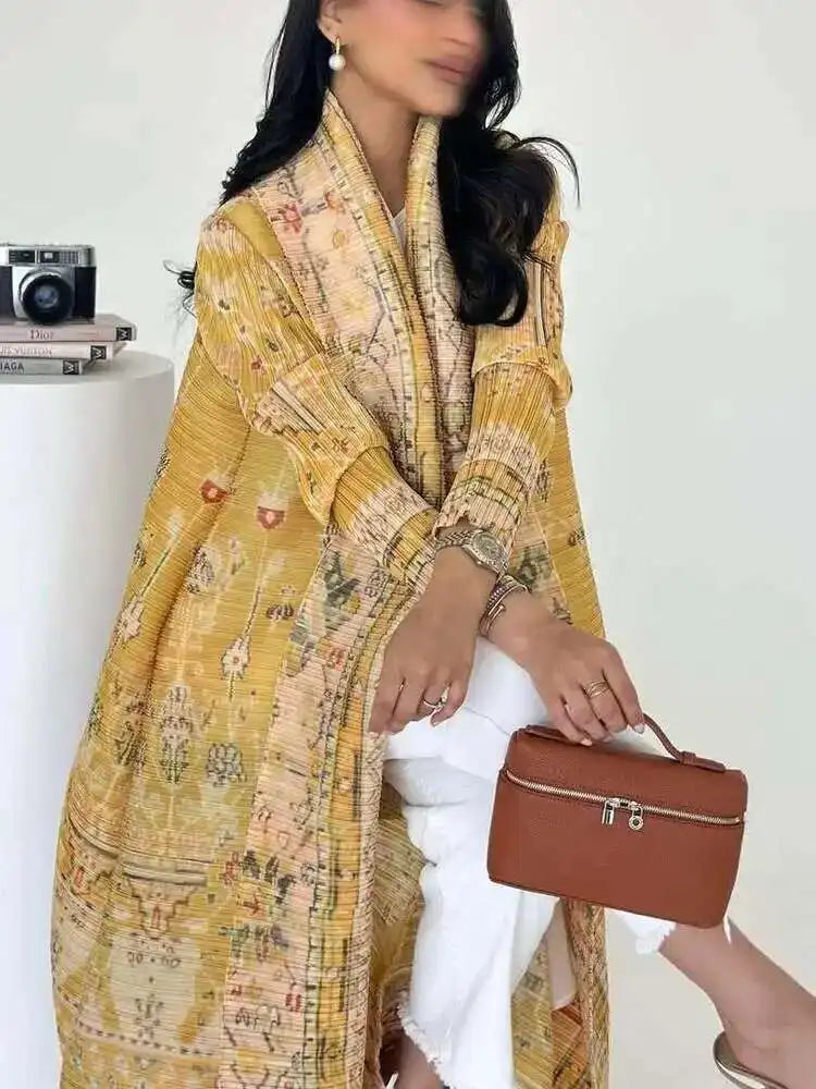 LANMREM Women's Elegant Pleated Printed Trench Coat Lapel Long Sleeve Loose Temperament Cardigan Robe Fashion 2025 New 2DE759-belleandkai.com
