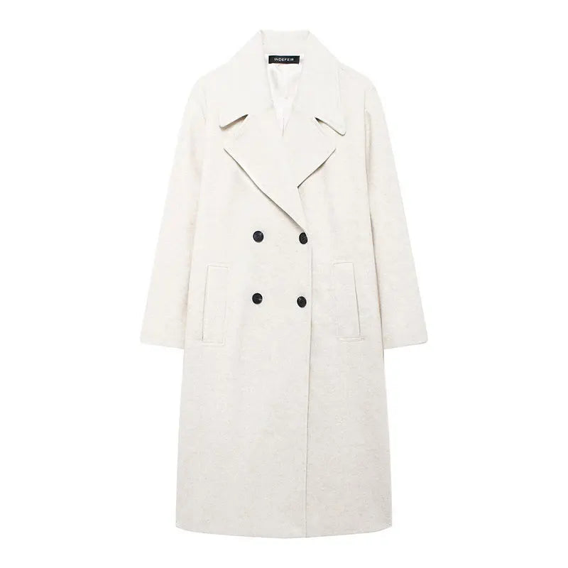TRAFZA Winter Coat For Women 2024 Solid Lapel Double Breasted Long Cardigan Top Female Pokcet Streetwear Woman New In OuterCoat-belleandkai.com