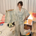 3 Pieces Set Night Wears for Women Summer New Short Sleeve Casual Striped Faux Silk Pijamas Set for Women Luxury Pyjamas Set-belleandkai.com