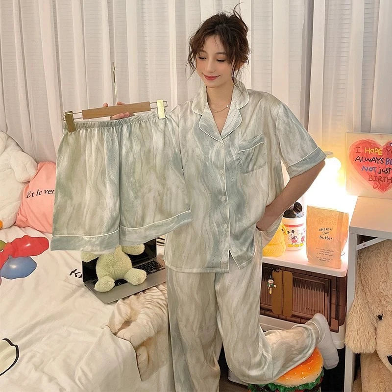 3 Pieces Set Night Wears for Women Summer New Short Sleeve Casual Striped Faux Silk Pijamas Set for Women Luxury Pyjamas Set-belleandkai.com