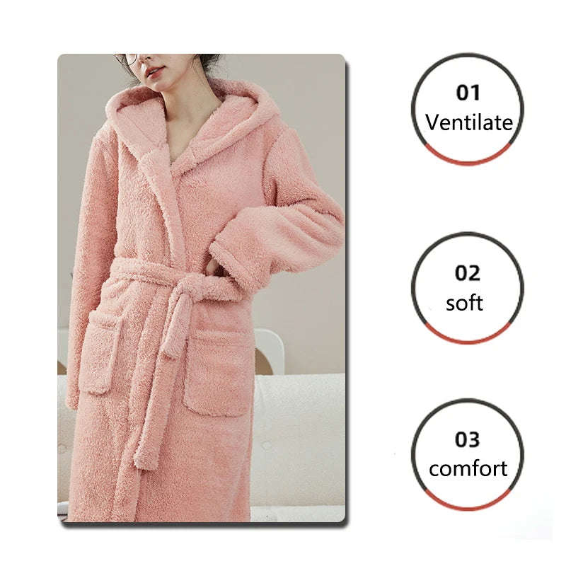 Bathrobe Woman Shower Couple Pyjamas Nightgown Women Homewear Hooded Men Winter Thickened Long Flannel Suit Easy to Clean Black-belleandkai.com