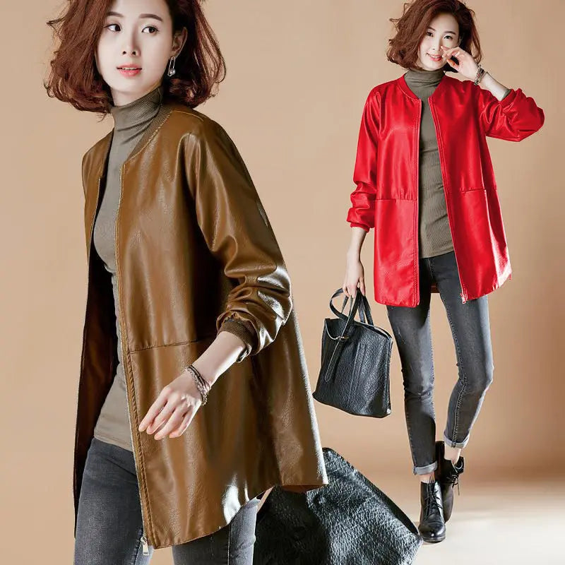 Fashion Plus Size Leather Jacket Women Zipper Windbreaker High-end Spring Autumn Coats Baseball Jersey Long Sleeve Trench Coat-belleandkai.com