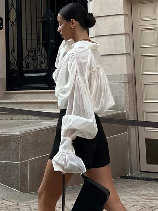 Autumn See-Through Casual Shirts Top For Women Loose Slim Long Sleeve Lapel Cardigan Streetwear Women's Pleated Shirts Top-belleandkai.com