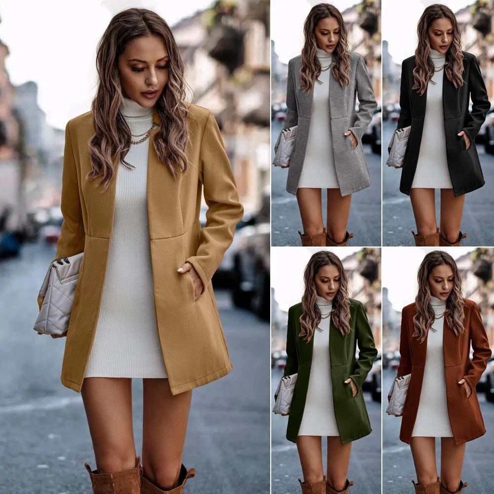 Women Fashion Solid Long Sleeve Coats Autumn Winter Casual Woolen Coat Stand Collar Jacket With Pockets Female Street Outerwear-belleandkai.com