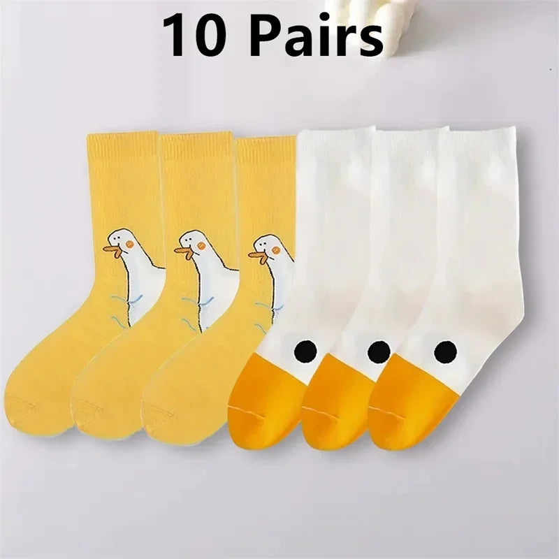 10 Pairs Cartoon Women Socks Fashionable And Versatile Cute Design Funny Goose Breathable Soft Comfortable Women Casual Socks-belleandkai.com