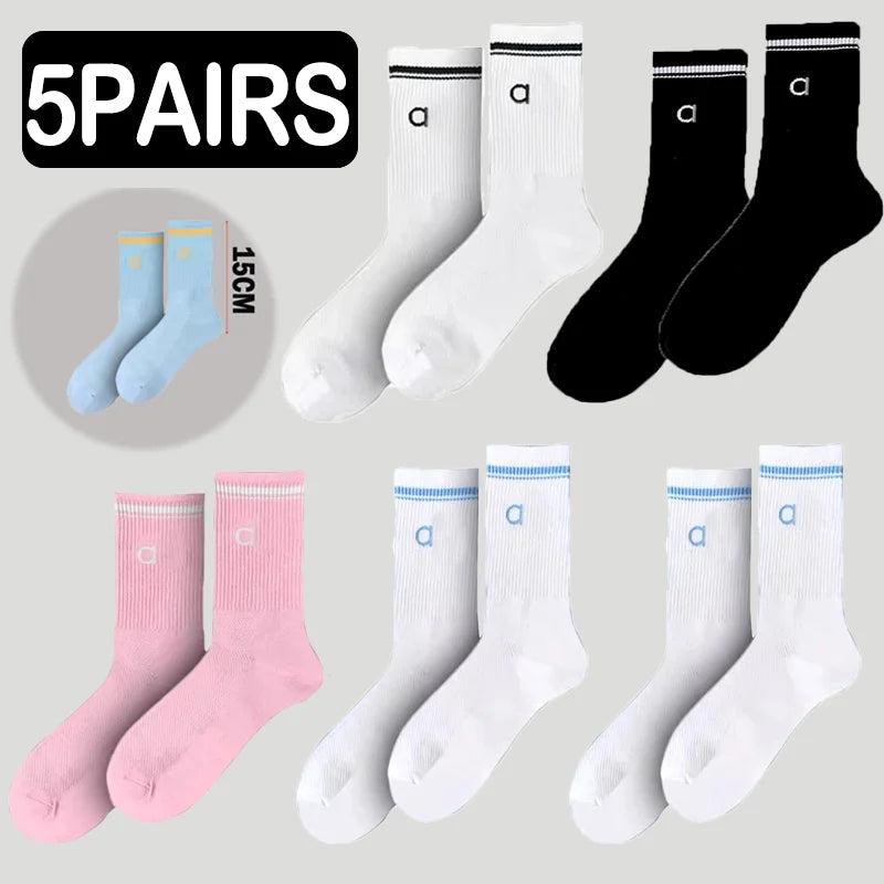 5 Pairs A* Premium Cotton Breathable Comfy Mid-Tube Unisex Socks for Sports Yoga Fitness All Season Pure White Couple Matching-belleandkai.com