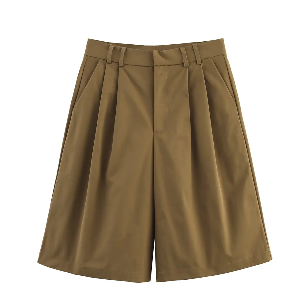 UNIZERA women's pocket embellished short sleeved lapel shirt pleated casual shorts spring/summer new casual women's clothing-belleandkai.com