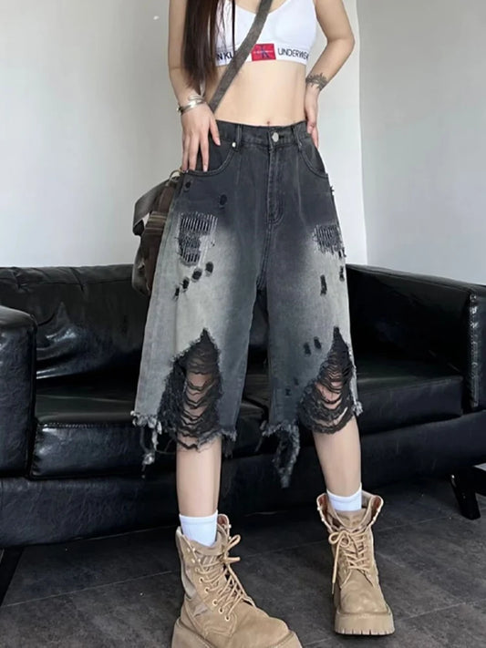 Zoki Harajuku Hole Y2K Denim Shorts Women Streetwear Vintage Gradient Jeans Shorts American Retro Bf Hip Hop Design Shorts New-belleandkai.com