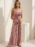 TRAFZA Summer Women Boho Two Piece Print Outfits Strap Sleeveless Tops High Waist Drawstring Trousers Holiday Beach Lady Sets-belleandkai.com