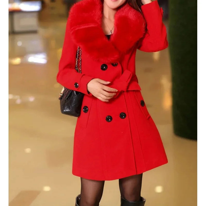 New Autumn Winter Women's Woolen Coat Mid-Length Korean Style Faux Fur Collar Sweater Material Outerwear Fashionable Ladies' Jac-belleandkai.com