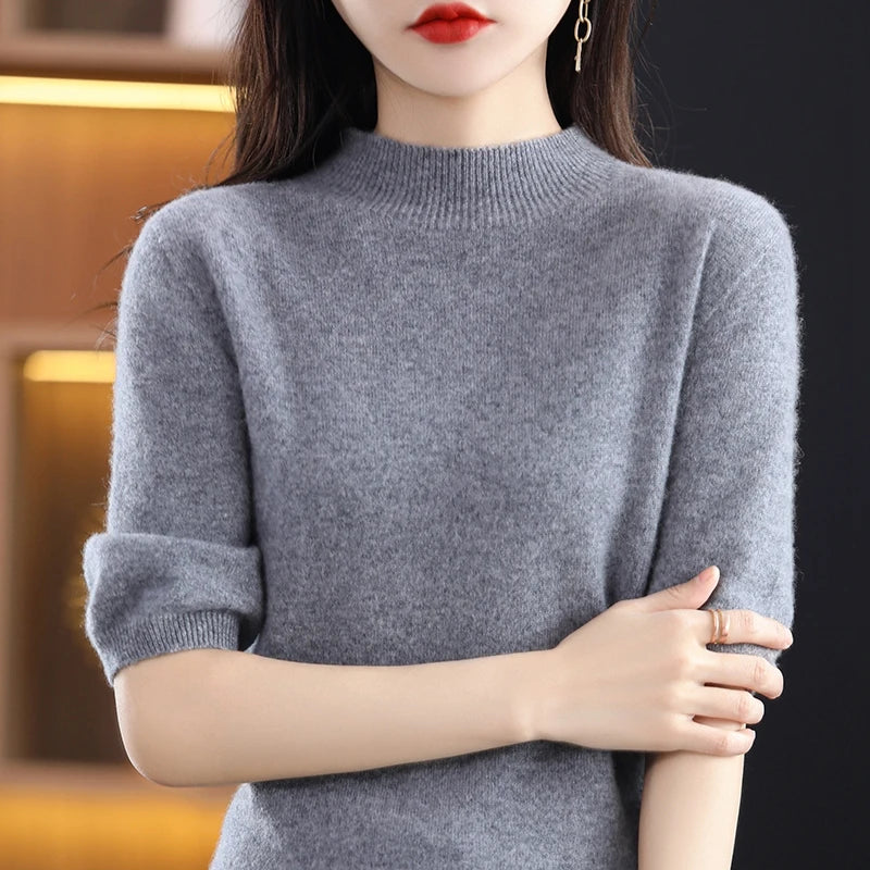 RONGYI Seamless Cashmere Sweater Knitted Women's Clothing 100% Pure Wool Short-Sleeved 2022 Spring Five-Quarter Sleeve  Pullover-belleandkai.com