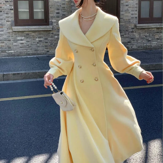 Fashion Women's Long Coats Winter New Outerwear Lapel Double Breasted Lantern Sleeve Solid Vintage Chic Woolen Overcoats-belleandkai.com