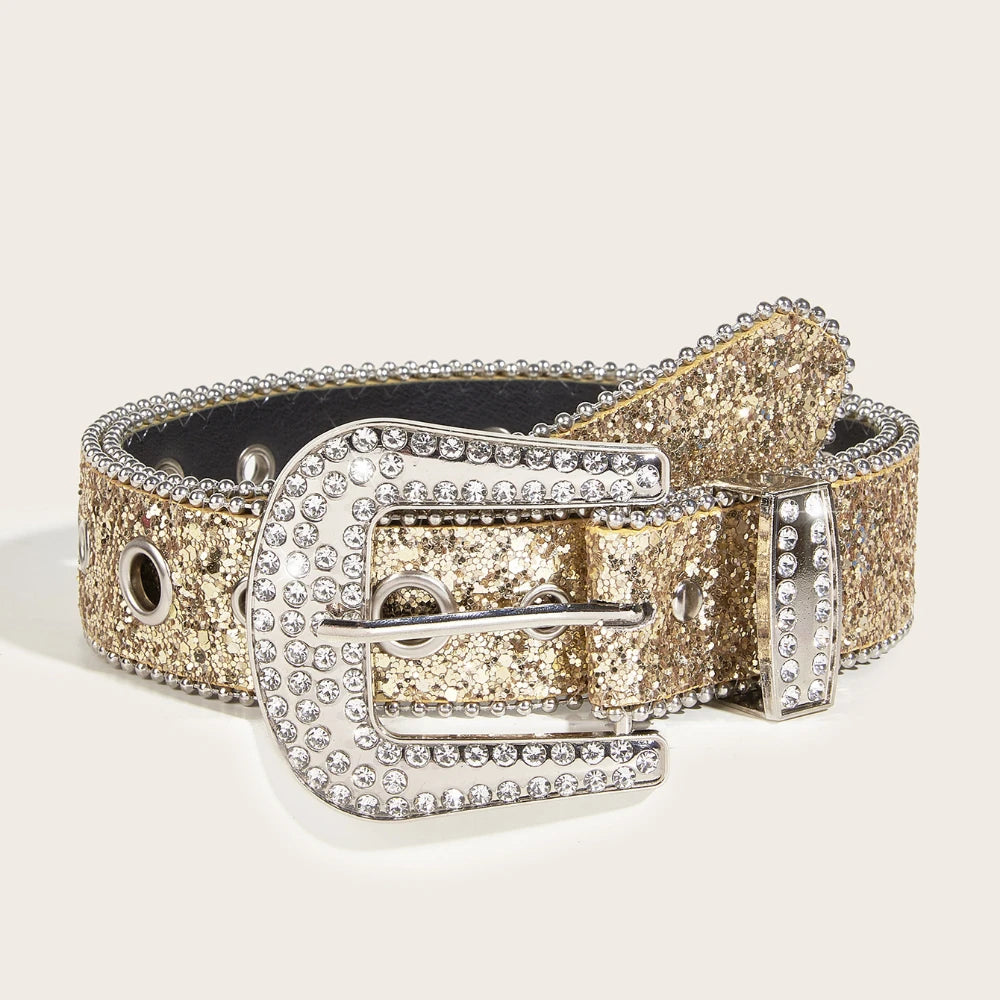 Stylish Rhinestone Western Cowgirl Style Y2K Belt Sparking Pu Leather BB Belts Jeans Dress Accessories For Women-belleandkai.com
