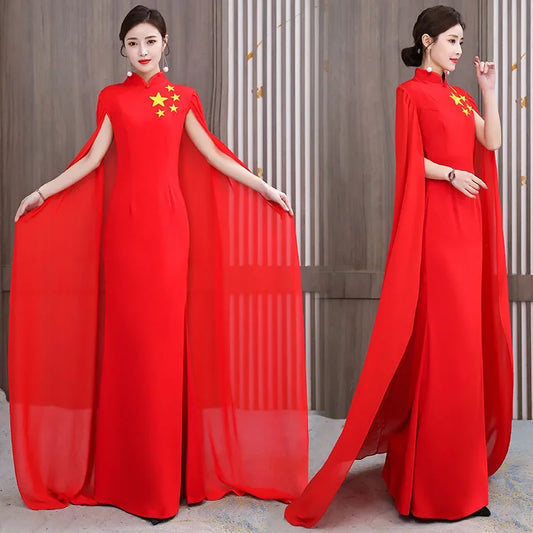 Elegant Chinese Style Cheongsam Evening Gown with Shawl for Women Stage Performance Costume New Hot Sale Of The Season Trend Mod-belleandkai.com