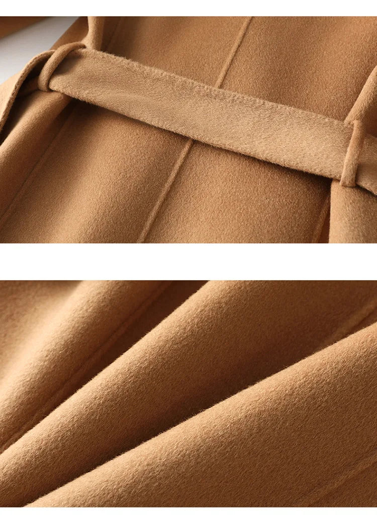 2025 Autumn 100% Wool Coats With Belt Fashion Open Stitch Elegant Woolen Cashmere Coat Veste Femme Tops-belleandkai.com