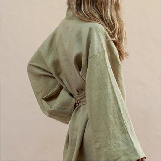 Women's Elegant Solid Robe Long Sleeve Front Belt Breathable Fabric For Casual And Formal Occasions Bathrobe Simple Style Kimono-belleandkai.com