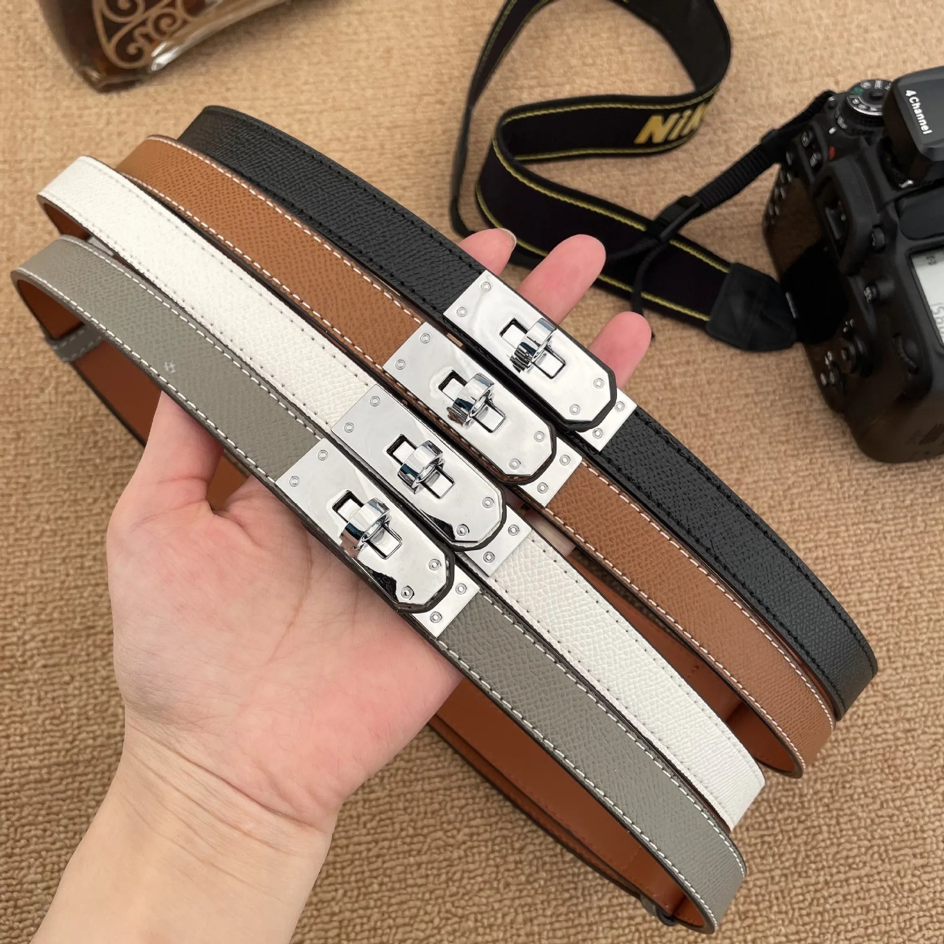Women's Leather Belt Golden Metal Buckle Luxury Casual Fashion Belt for Jeans and Dresses Women's Belts-belleandkai.com