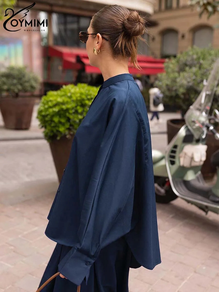 Oymimi Fashion Black Two Piece Set For Women Casual O-Neck Long Sleeve Button Shirts And High Waist Loose Pockets Trousers Sets-belleandkai.com