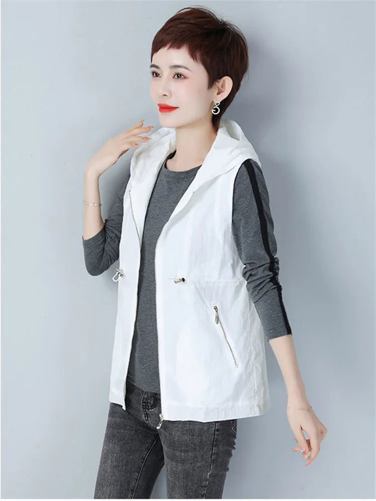 Thin Summer Women's Vest Jacket 2025 New Short Hooded Sleeveless Coat Female Solid color Casual Liner Waistcoat Jackets Tops-belleandkai.com