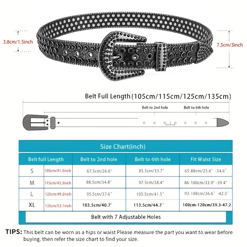Men's Jeans Rhinestone Large Size Belt Women's Belt Western Denim Shiny Rivet Design Leather HipHop Punk Rock Y2K Style Belt-belleandkai.com