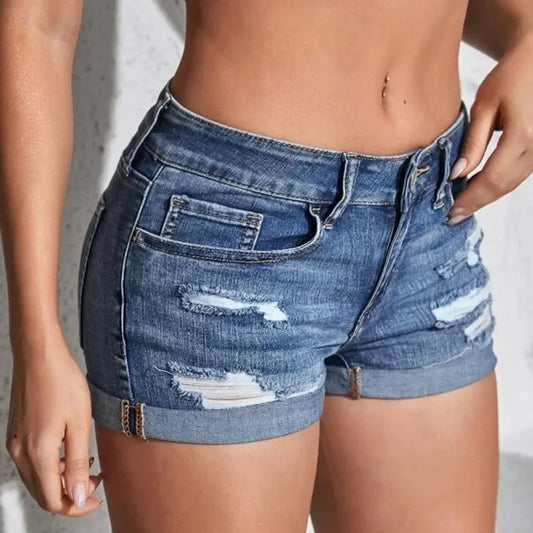 Women's Split Denim Shorts Summer Beach Wild Fashion Sexy Mid Waist Curled Cuff Perforated Elastic Slim Fit Casual Shorts-belleandkai.com
