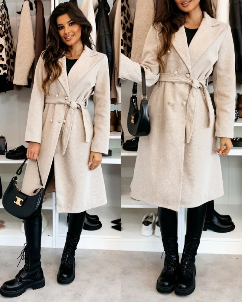 Women's Woolen Coat Autumn Winter Vintage Elegant Double Breasted Trench Coat Women Brown Long Sleeved Midi Windbreaker Jacket-belleandkai.com