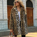 Women‘s Leopard Print Faux Fur Coat Open Front Fuzzy Suit Collar Women Fashion Warm Faux Fur Mid-Length Coat-belleandkai.com